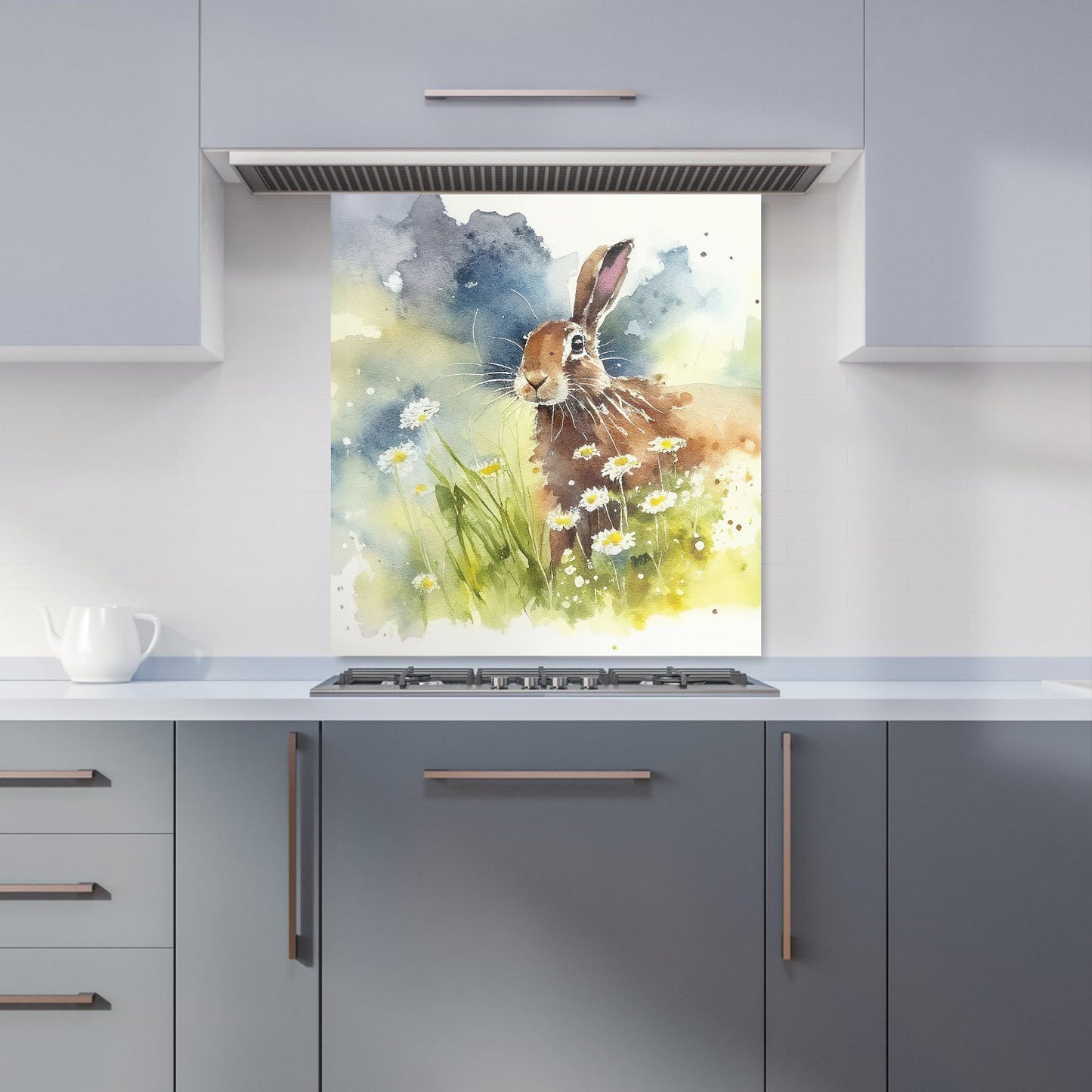 Hare And Daisies Watercolour Kitchen Splashback