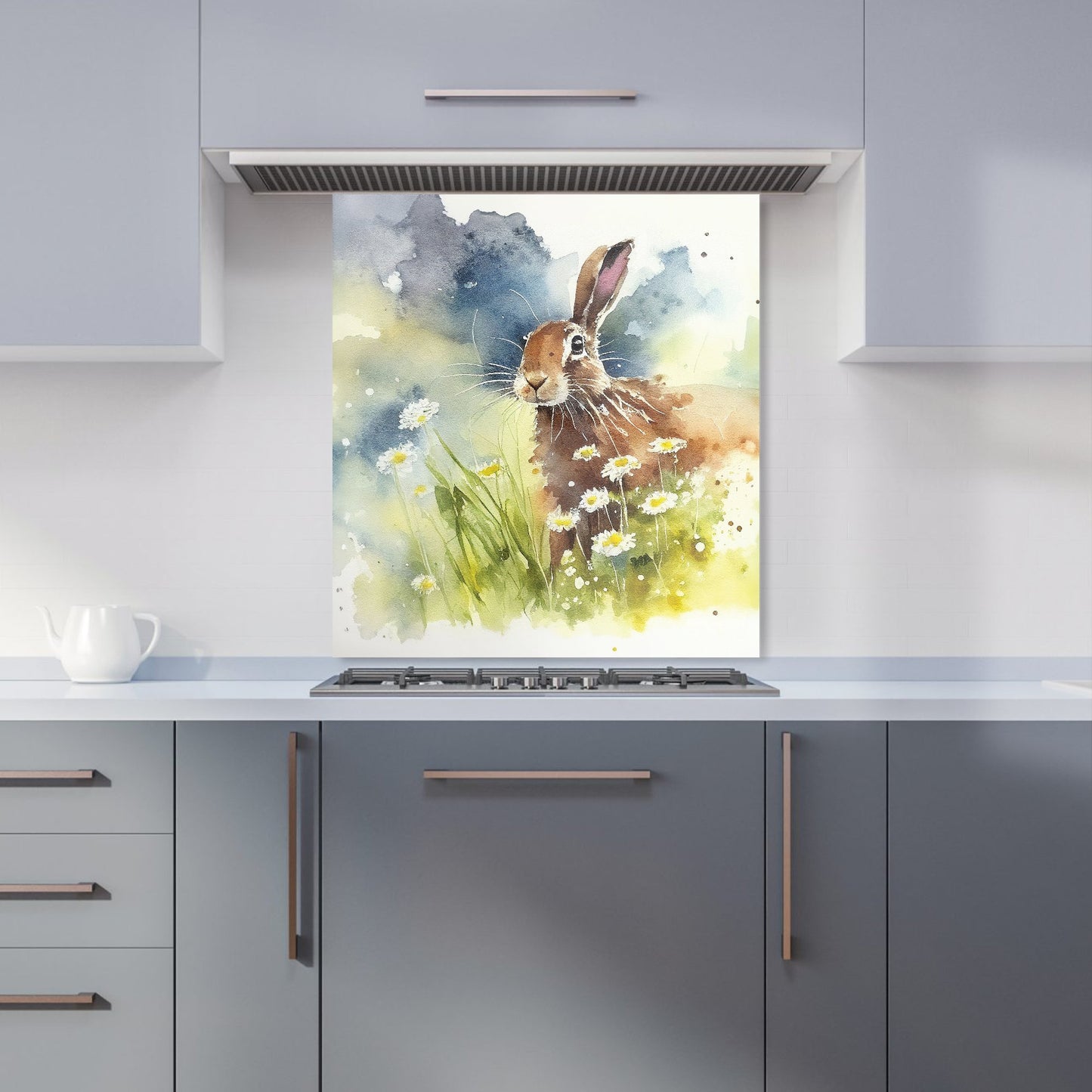 Hare And Daisies Watercolour Kitchen Splashback