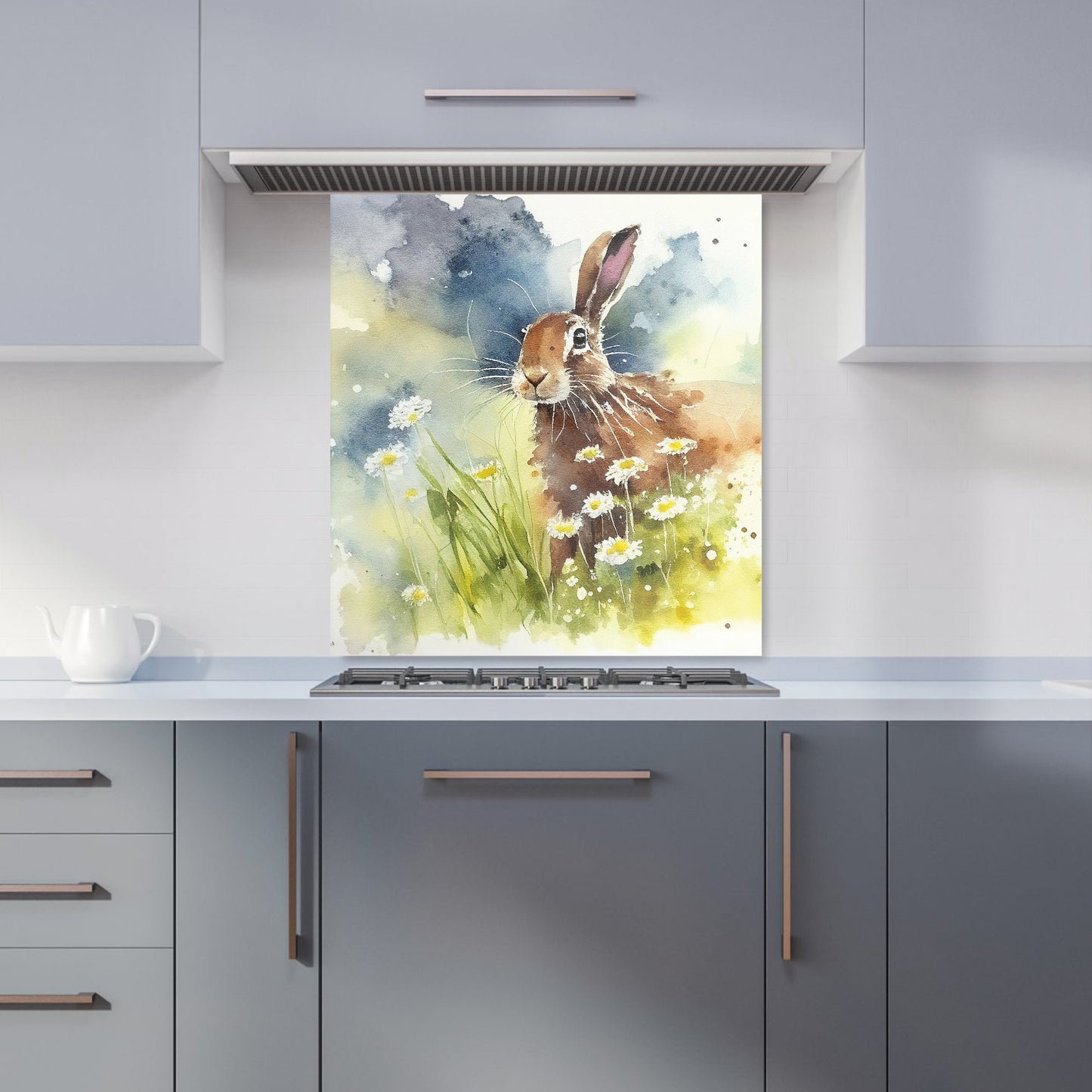 Hare And Daisies Watercolour Kitchen Splashback
