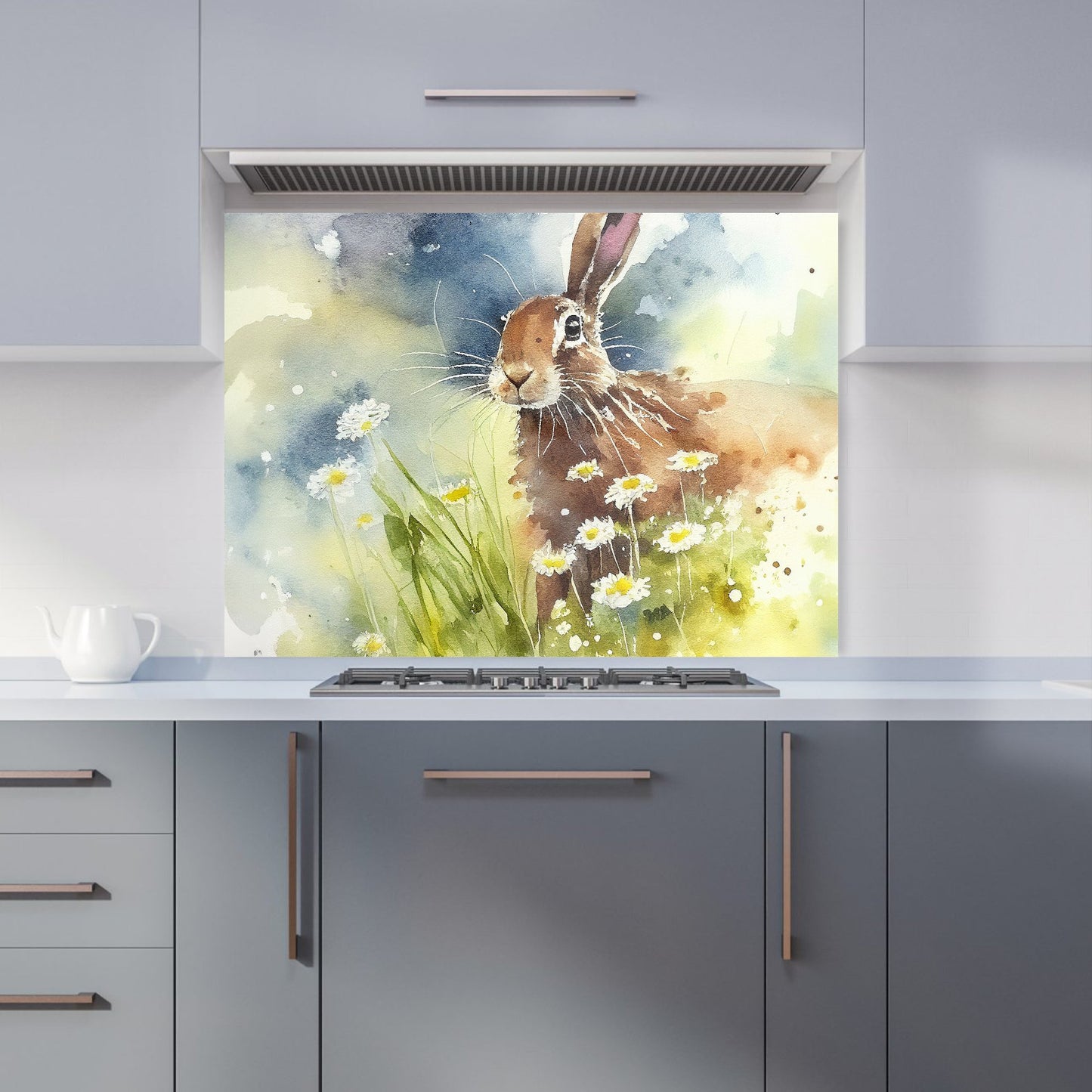 Hare And Daisies Watercolour Kitchen Splashback