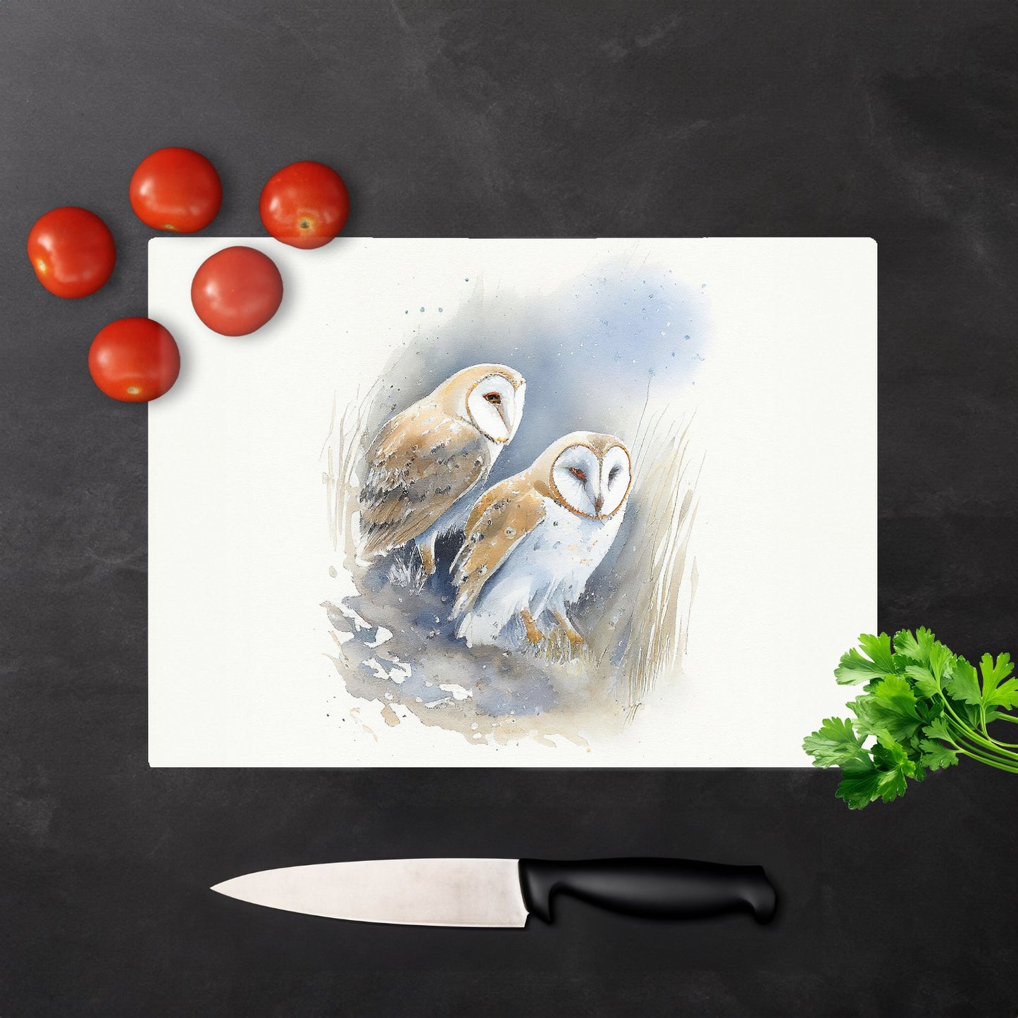 Barn Ano Owls Watercolour Glass Chopping Board