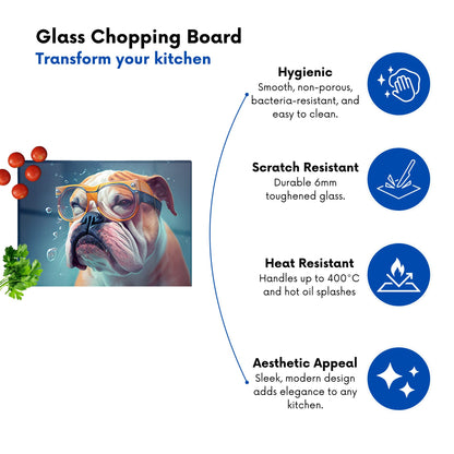 Bulldog With Glasses Splashart Glass Chopping Board