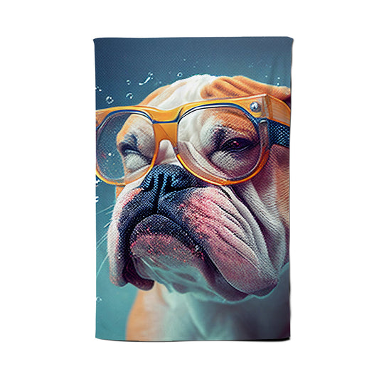 Bulldog With Glasses Splashart Tea Towel