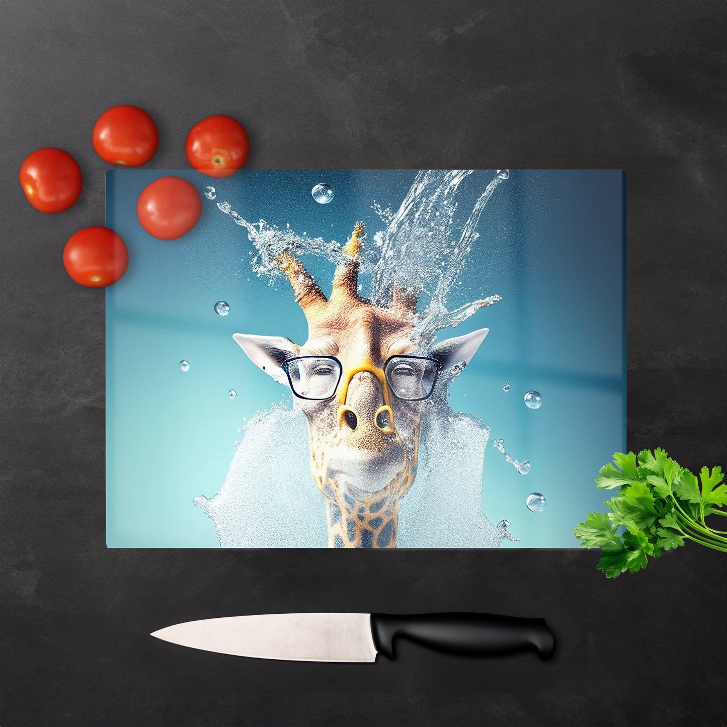 Giraffe With Glasses Splashart Glass Chopping Board
