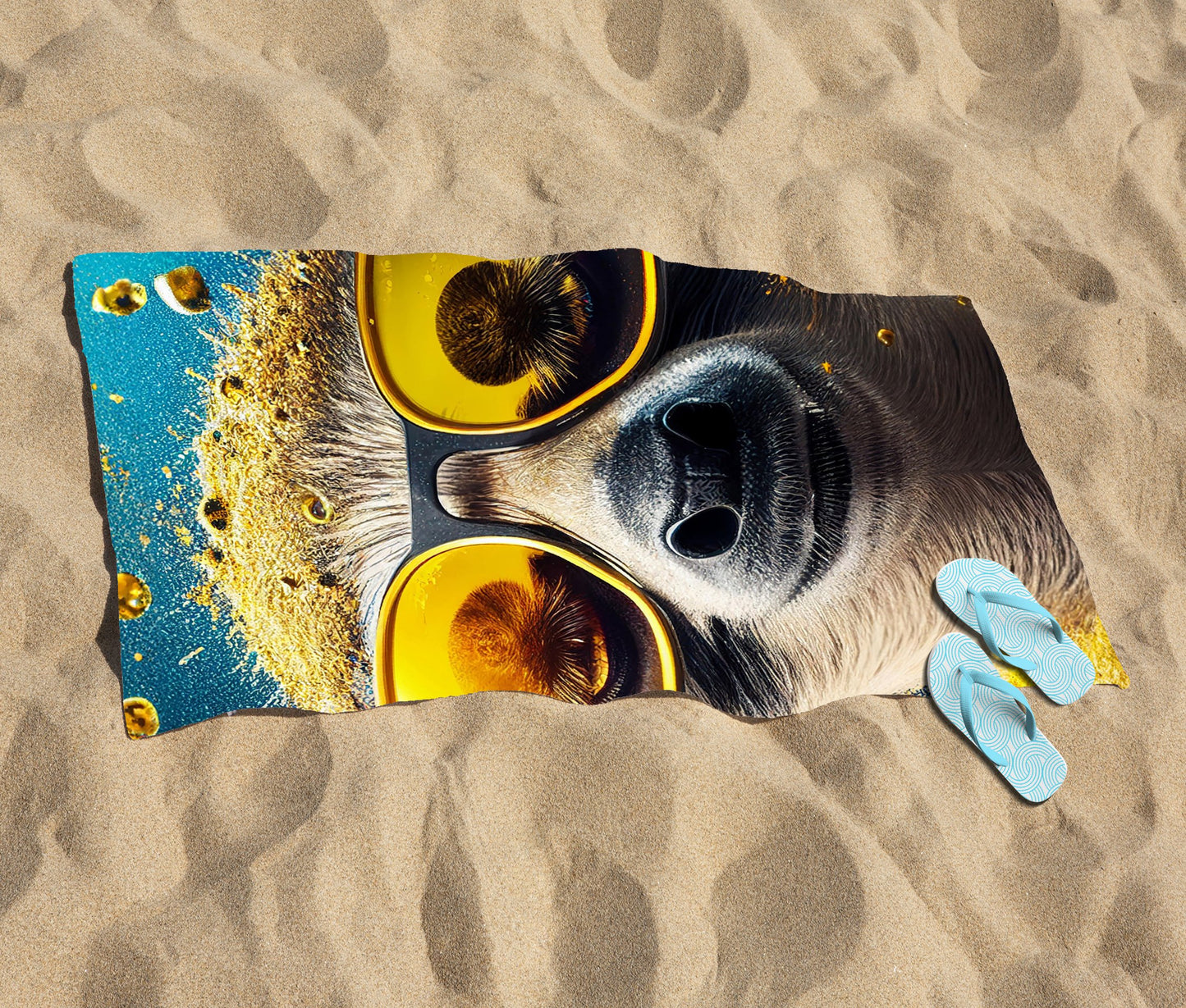 Meerkat With Golden Glasses Splashart Beach Towel