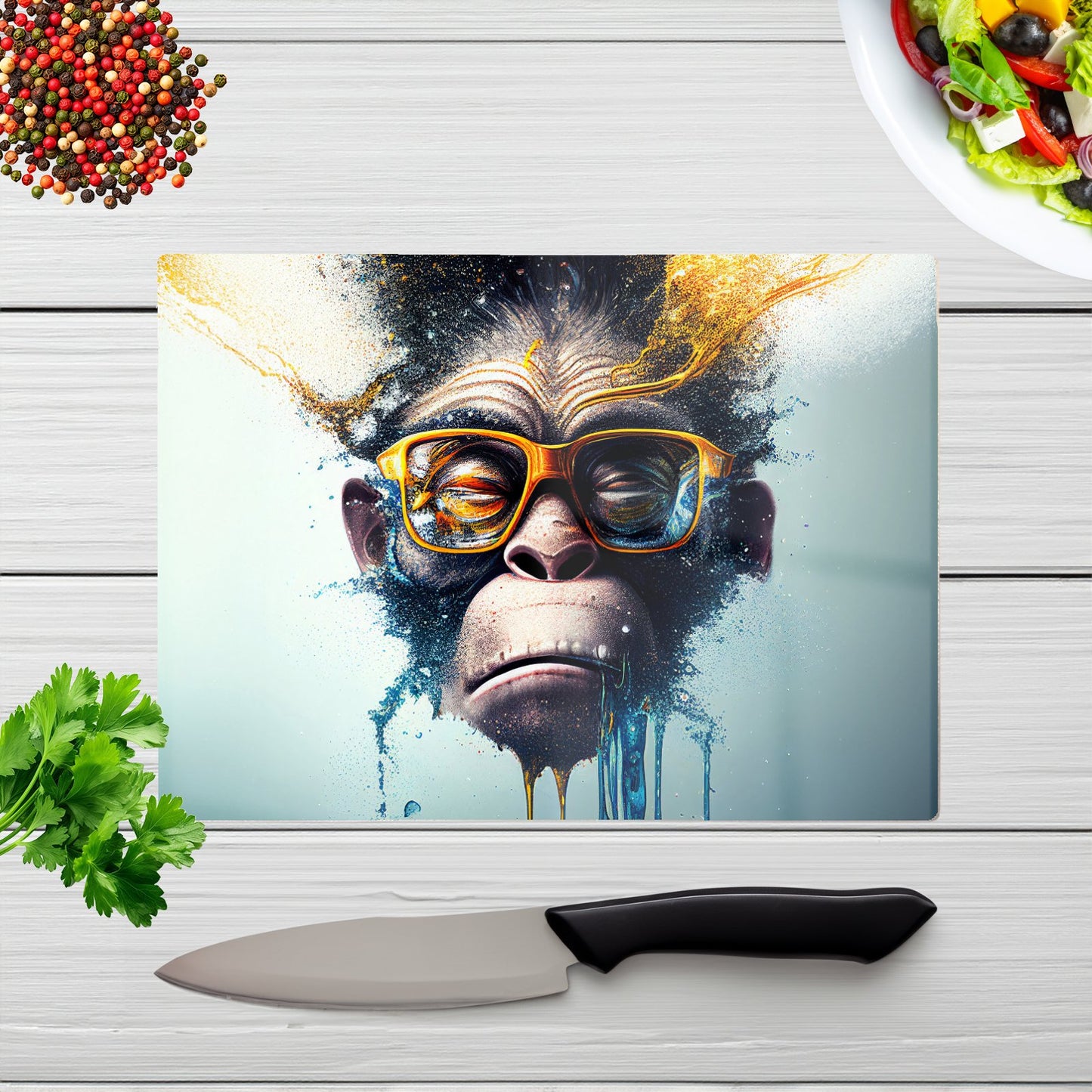 Monkey With Glasses Splashart Glass Chopping Board