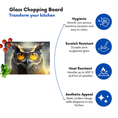 Owl With Glasses Splashart Glass Chopping Board