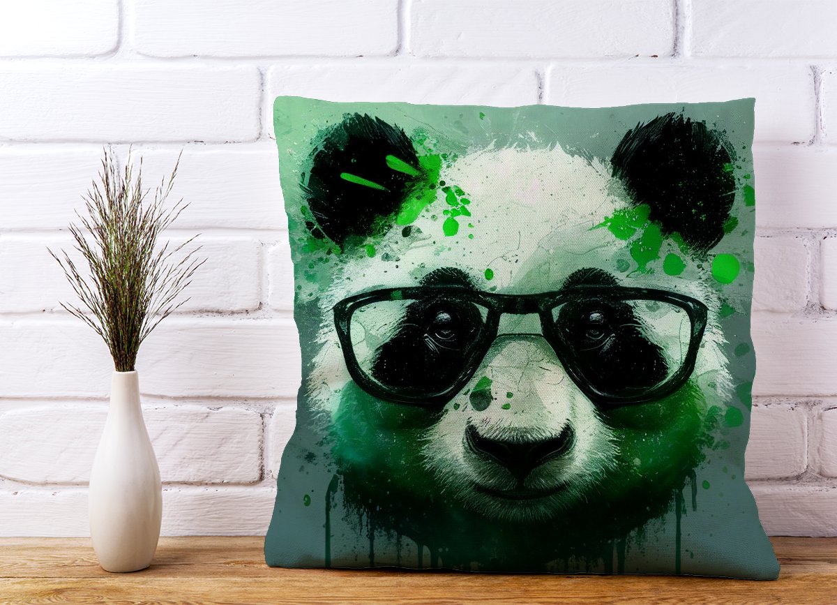 Panda With Glasses, Green Splashart Cushions