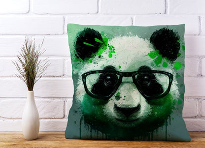 Panda With Glasses, Green Splashart Cushions
