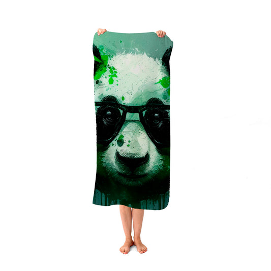 Panda With Glasses, Green Splashart Beach Towel