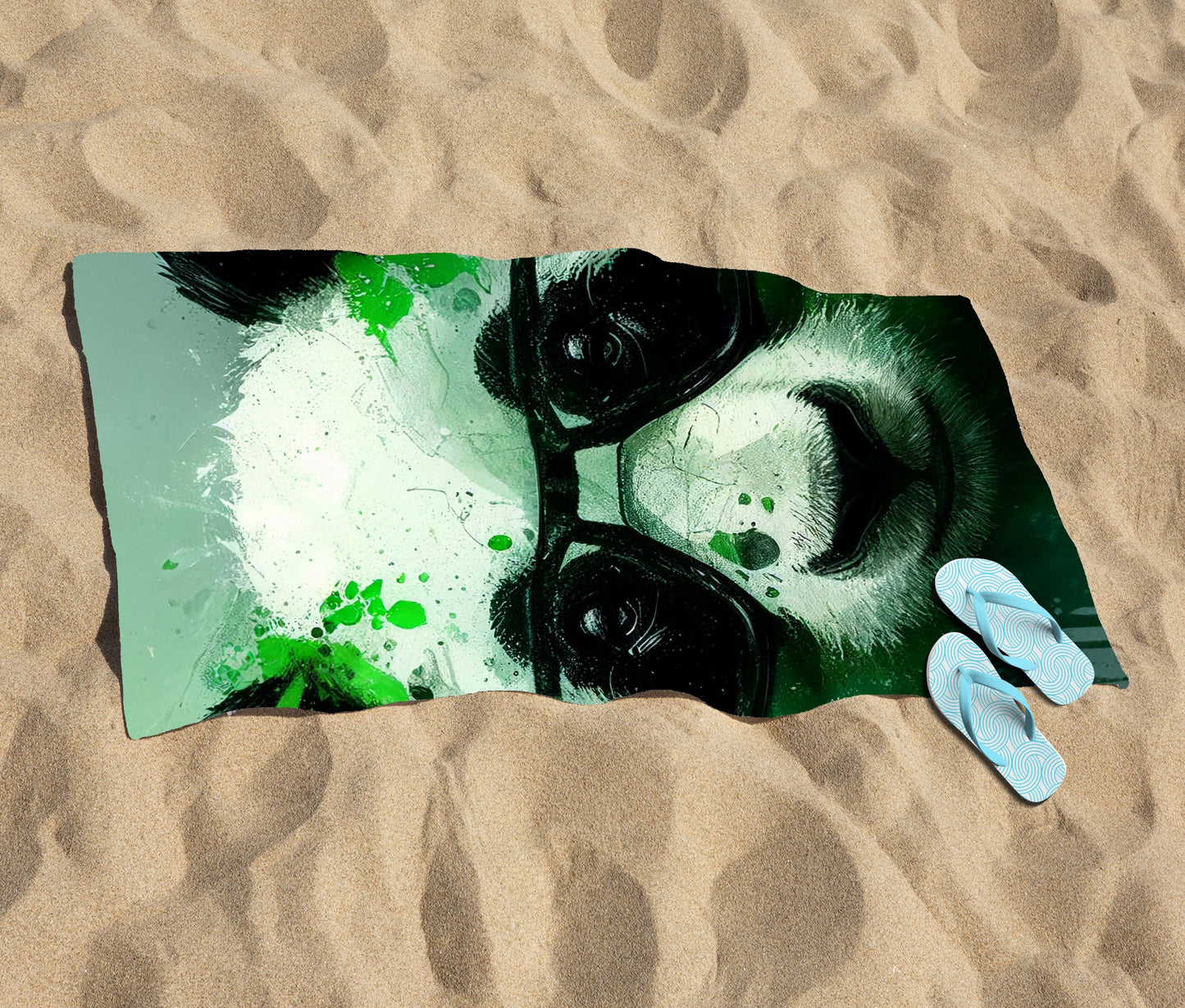 Panda With Glasses, Green Splashart Beach Towel