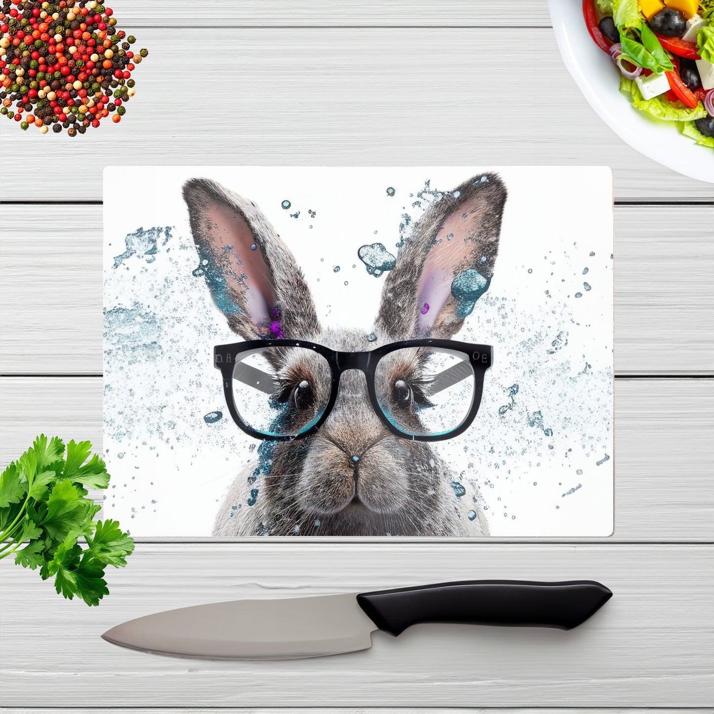 Rabbit With Glasses Splashart Glass Chopping Board