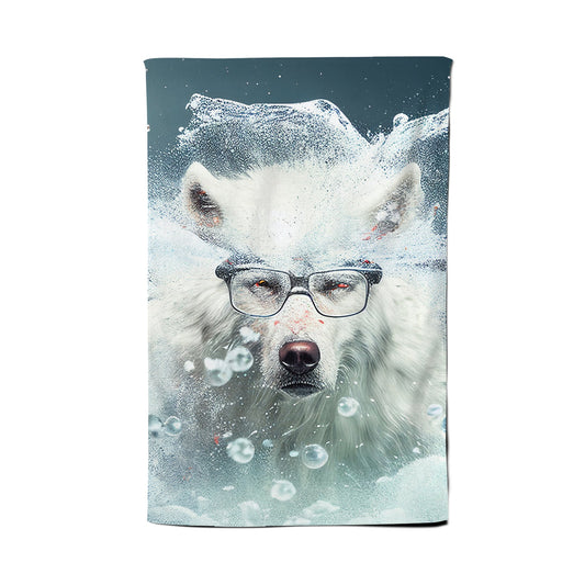 White Wolf With Glasses Splashart Tea Towel