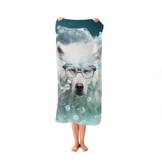 White Wolf With Glasses Splashart Beach Towel