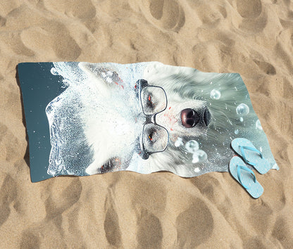 White Wolf With Glasses Splashart Beach Towel