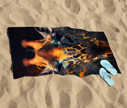 Golden Giraffe Face Splashart Beach Towel