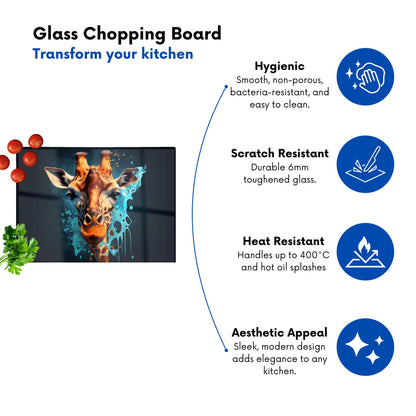 Blue Giraffe Face Splashart Glass Chopping Board