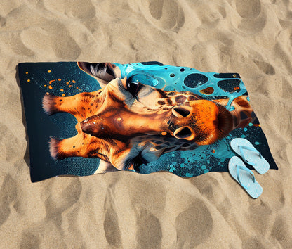 Blue Giraffe Face Splashart Beach Towel