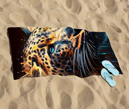 Leapoard Face Splashart, Dark Background Beach Towel