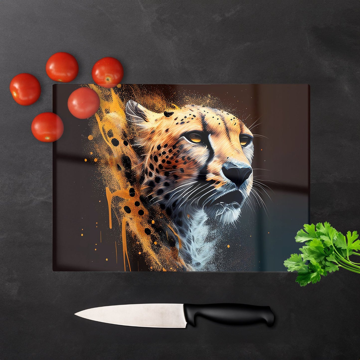 Cheetah Face Splashart Dark Background Glass Chopping Board