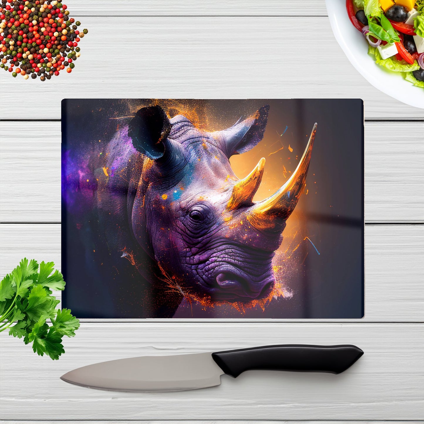 Golden Rhino Face Splashart Glass Chopping Board