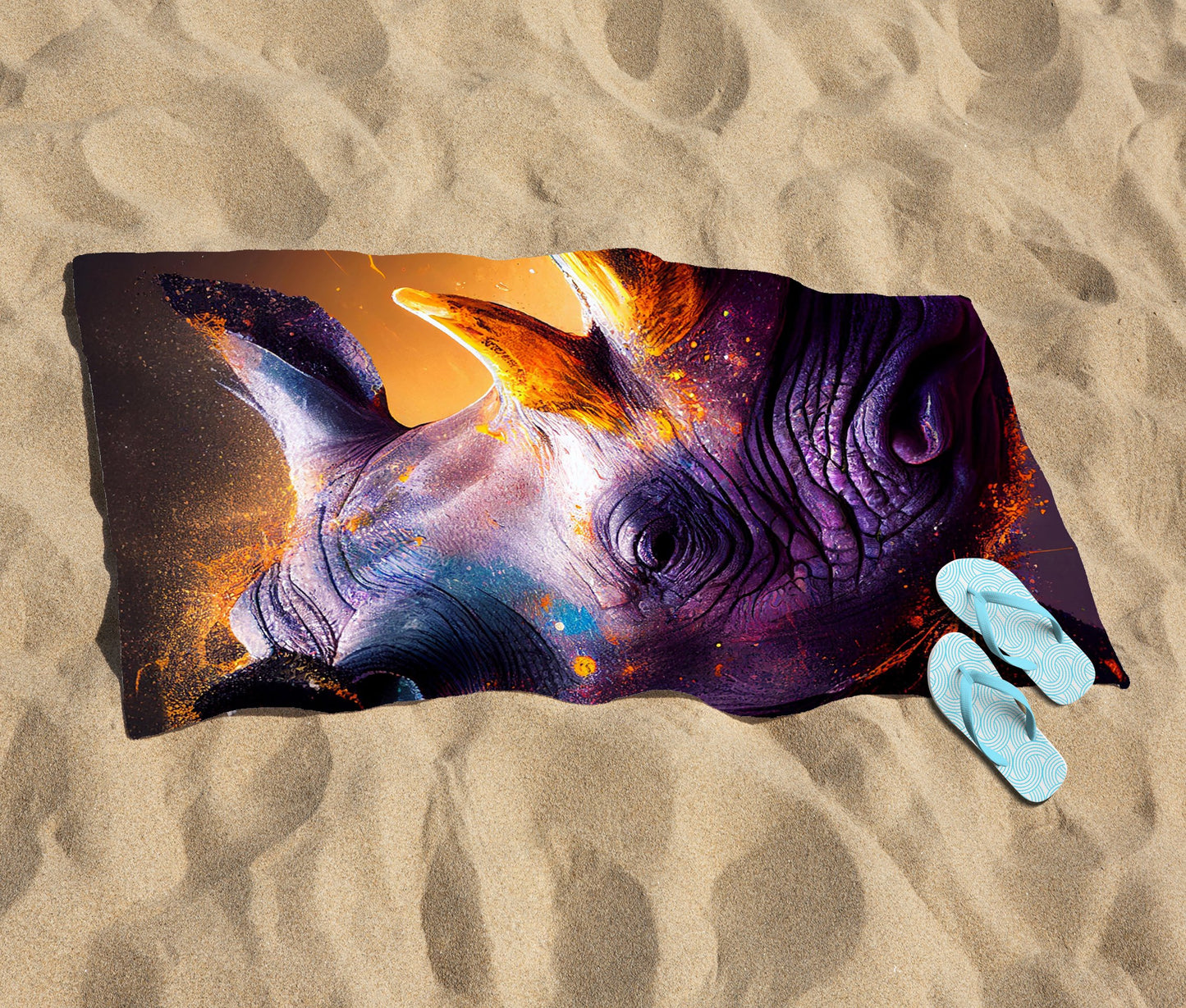 Golden Rhino Face Splashart Beach Towel