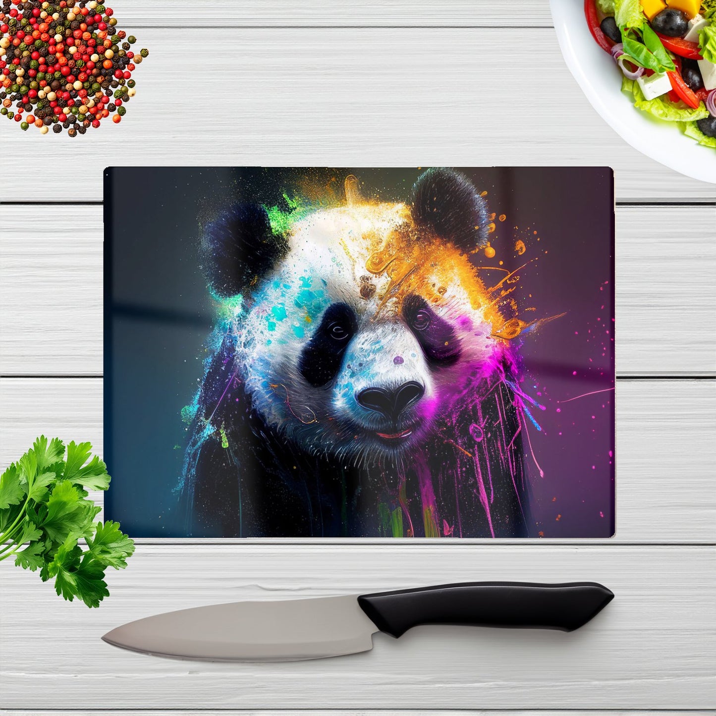 Panda Face Splashart Colourful Glass Chopping Board