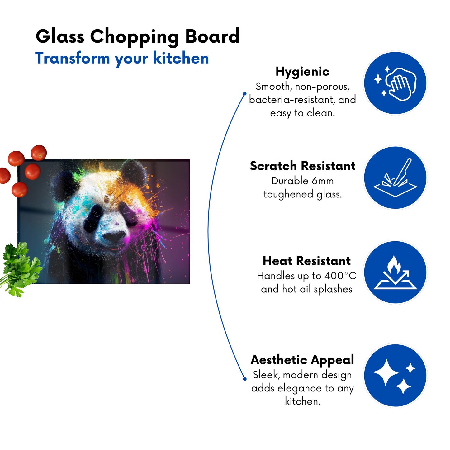 Panda Face Splashart Colourful Glass Chopping Board