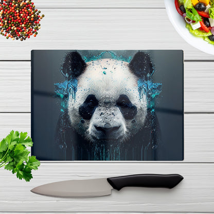 Panda Face Splashart Dark Background Glass Chopping Board