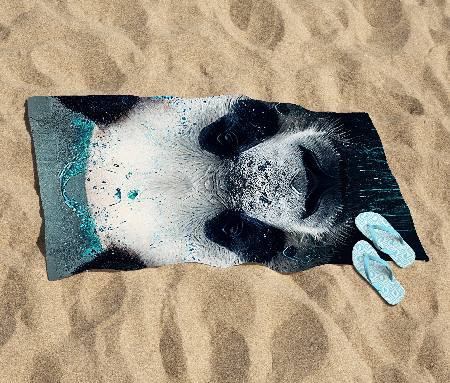 Panda Face Splashart Dark Background Beach Towel