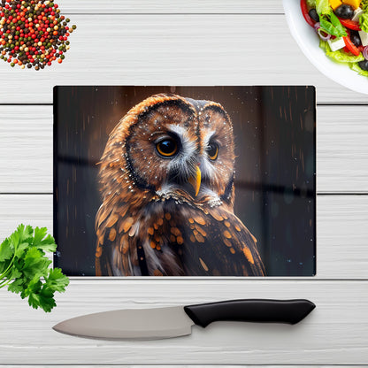 Tawny Owl Face Splashart Dark Background Glass Chopping Board