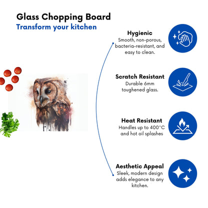 Tawny Owl Face Splashart Light Background Glass Chopping Board