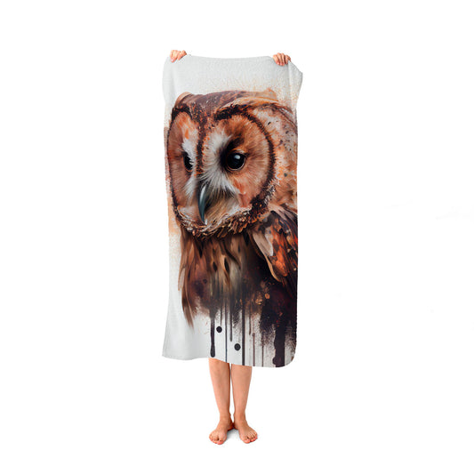 Tawny Owl Face Splashart Light Background Beach Towel