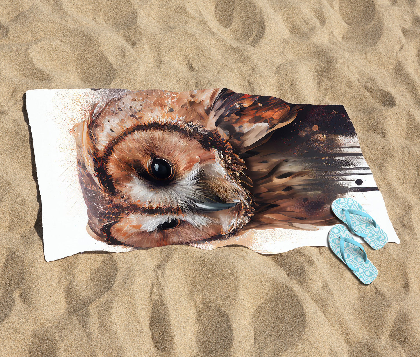 Tawny Owl Face Splashart Light Background Beach Towel