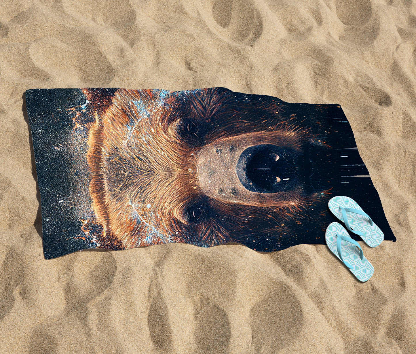 Brown Bear Face Splashart Beach Towel