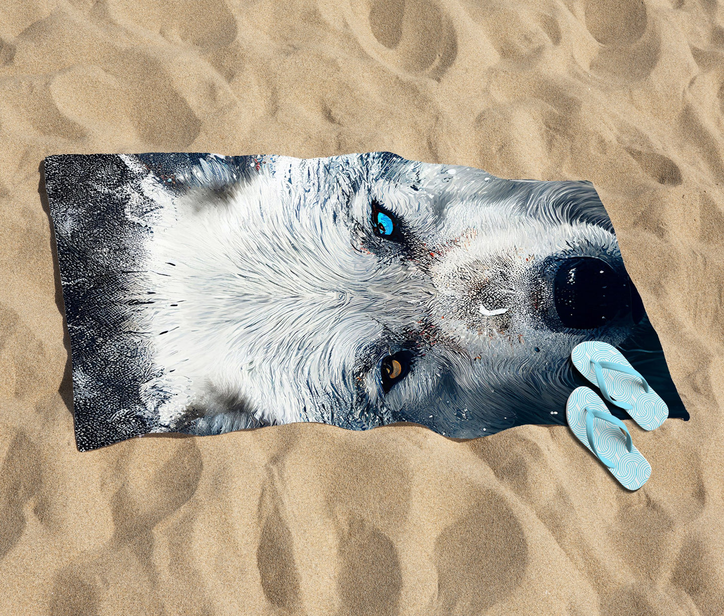 White Wolf Face Splashart Beach Towel
