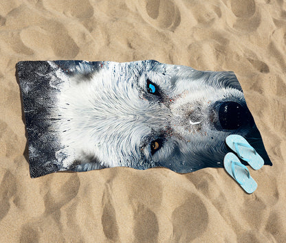 White Wolf Face Splashart Beach Towel