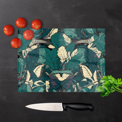 Green Beige Tropical Leaves Glass Chopping Board