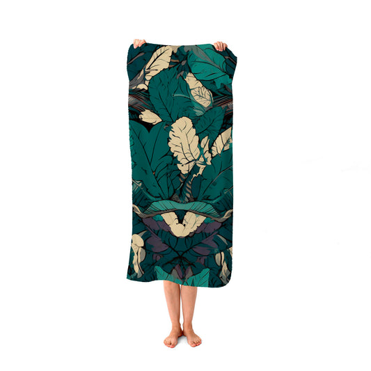 Green Beige Tropical Leaves Beach Towel