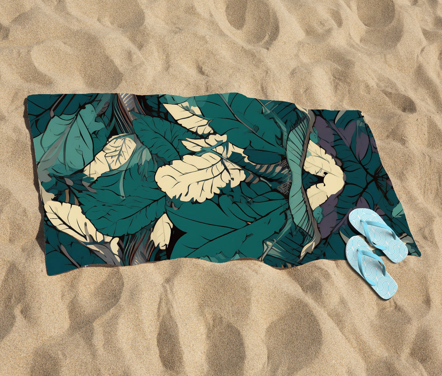 Green Beige Tropical Leaves Beach Towel