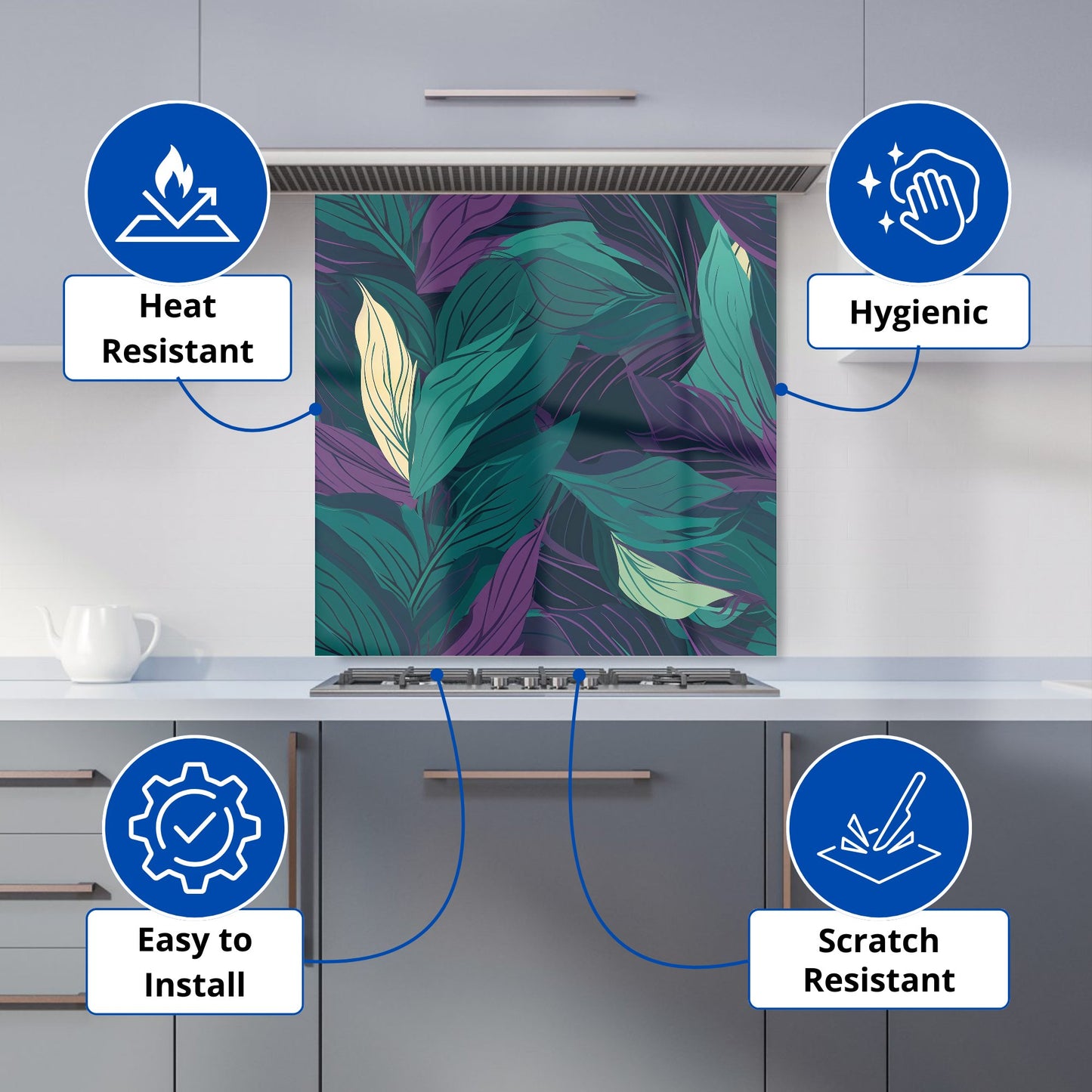 Green Purple Tropical Leaves Kitchen Splashback