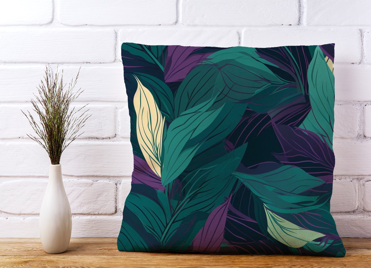 Green Purple Tropical Leaves Cushions