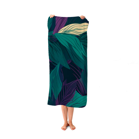 Green Purple Tropical Leaves Beach Towel