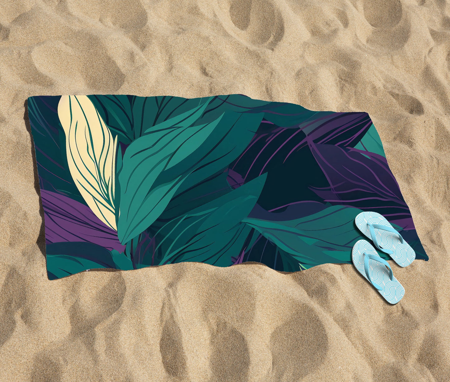 Green Purple Tropical Leaves Beach Towel
