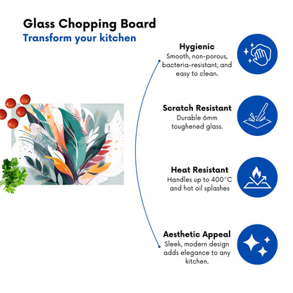 Coloured Abstrace Feather Leaves Glass Chopping Board
