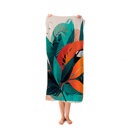 Green Orange Tropical Leaves Beach Towel