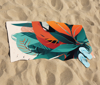 Green Orange Tropical Leaves Beach Towel