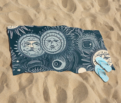 Silver Blue Moon and Stars Beach Towel