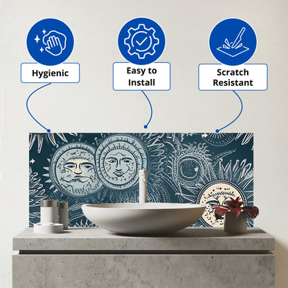 Silver Blue Moon and Stars Glass Bathroom Splashback