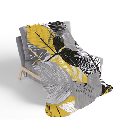 Grey Yellow Floral Leaves Sherpa Blanket